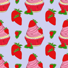 Cake. Strawberry. Background, wallpaper, seamless. Sketch. Can be used for packaging, fabric. Banner.