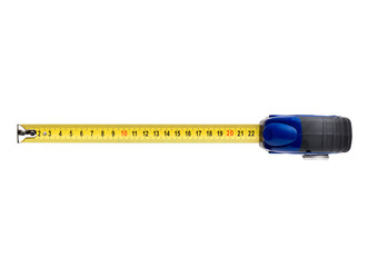 Blue tape measure tool, isolated on white background