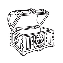 Empty pirate treasure chest. Open wooden trunk. Sketch style hand drawn isolated vector illustration.