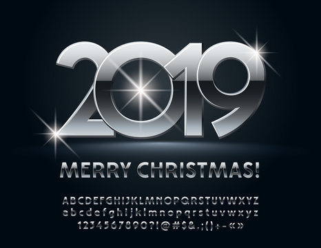 Vector magic Greeting Card Merry Christmas 2019. Stylish set of Alphabet Letters, Numbers and Symbols. Silver chic Font.