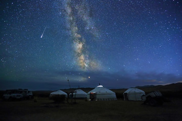 Night scene of the Milky Way over Mongolian yurts,Western Mongolia