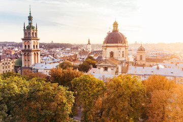 Fototapeta na wymiar aerial view of sunset above european city