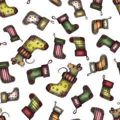 Watercolor christmas socks and mice pattern