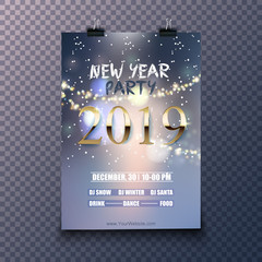 Creative 2019 New Year Party template or flyer design with time and venue details for New Year celebration concept.
