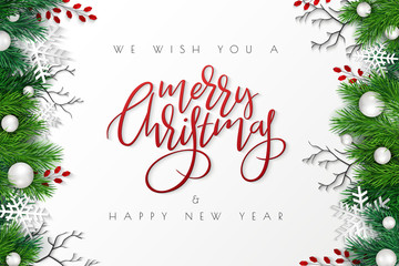 Vector illustration of greeting banner template with hand lettering label - merry Christmas - with realistic fir-tree branches,, snowflakes, and decorative bead branches