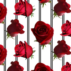 A pattern with red roses with green leaves against the background