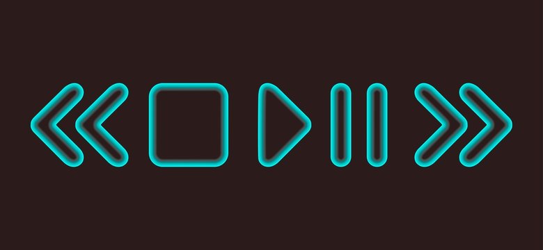 Glowing vector pause / play media player rounded icons / buttons over dark background