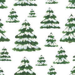 Watercolor vector Christmas seamless pattern with green fir trees.