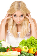 Diet Concept - beautiful woman with fresh vegetables, isolated on white background