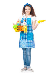 Young housewife with cleaning supplies in box, isolated on white background