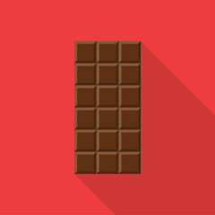 Chocolate bar flat icon with long shadow isolated on red background. Simple chocolate in flat style, vector illustration.