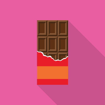 Opened Chocolate bar in a red wrapper flat icon with long shadow isolated on pink background. Simple chocolate in flat style, vector illustration.