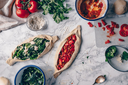 Turkish Pide Pizza Flat Bread with Tomato and Spinach Food Series