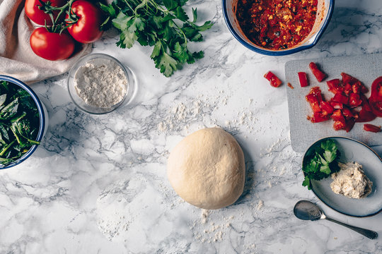 Turkish Pide Pizza Flat Bread with Tomato and Spinach Food Series