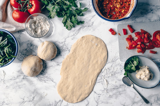 Turkish Pide Pizza Flat Bread with Tomato and Spinach Food Series