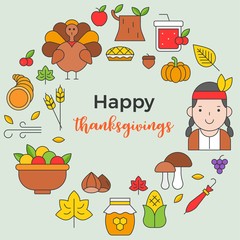 Thanksgiving icon arrange as circle shape and happy thanksgiving text for use as cover,background,wallpaper,backdrop