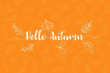hello autumn typography poster with outline leaves on leaves pattern