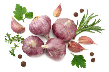 garlic and parsley isolated on white background. healthy food. top view