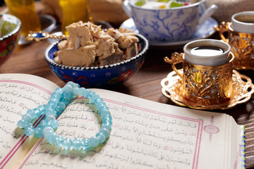 Tasty halva with tea on the table