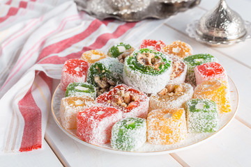 Turkish delight on a wooden table