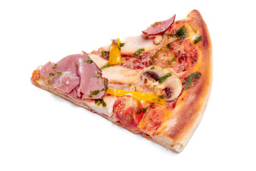 Slice of fresh italian classic original Pizza isolated on white background