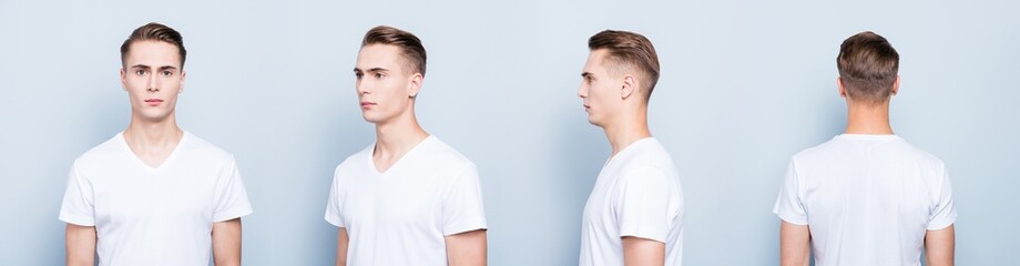 Collage 4 in 1 portrait from all side of confident, serious, per