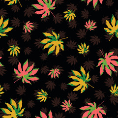 raster illustration. tropical leaf. Autumn Aralia leaves on dark silhouette background repeat pattern 