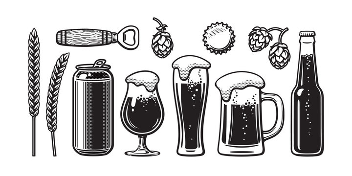 Vintage beer set. Barley, wheat, can, glass, mug, bottle, opener, hop, bottle cap. Vector illustration. Brewery, beer festival, bar, pub design.