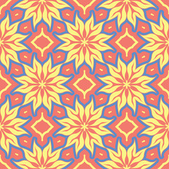 Floral red seamless pattern. Bright colored background with yellow and blue flower elements