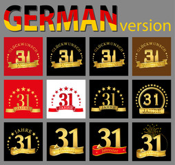 Set of number thirty-one (31 years) celebration design. Anniversary golden number template elements for your birthday party. Translated from the German - congratulation, years, anniversary.