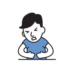 Young guy feeling stomack pain. Cartoon design icon. Flat vector illustration. Isolated on white background.