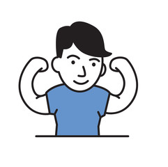 Boy flaunting his muscles. Fitness flat design icon. Colorful flat vector illustration. Isolated on white background.