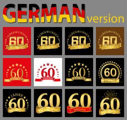 Set of number sixty (60 years) celebration design. Anniversary golden number template elements for your birthday party. Translated from the German - congratulation, years, anniversary.
