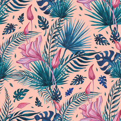 Beautiful Tropical flowers, seamless pattern. Watercolor hand drawn illustration, exotic background