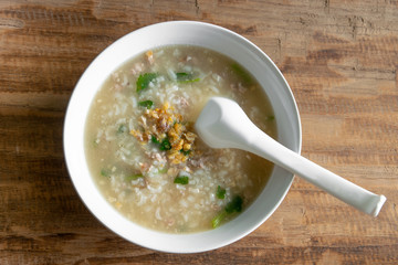 boiled rice in pork soup for a breakfast