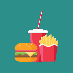 Set of French fries, hamburger and soda on isolated background. Fast food products in flat style on blue background. Vector illustration.