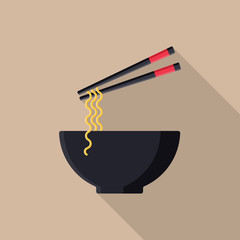 Japanese noodles flat icon with long shadow isolated on beige background. Simple noodles in flat style. Japanese cuisine vector illustration. Bowl of noodles with a pair of chopsticks.