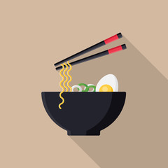 Japanese ramen soup, noodle with boiled egg flat icon with long shadow. Simple noodles in flat style. Japanese cuisine vector illustration. Bowl of noodles with a pair of chopsticks.