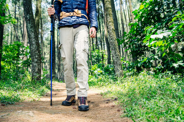 Hiker man with backpack and trekking pole walking