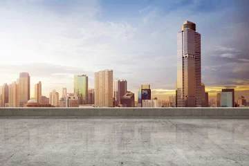 Aluminium Prints City building Empty rooftop floor with skyscrapers view