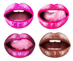 Collection open mouth. Beautiful female lips collection isolated on white background. Pink lip, lipstick or lipgloss, sexy. Set of womens lips with glossy lipsticks, cosmetics. Red lips, tongue sexy.