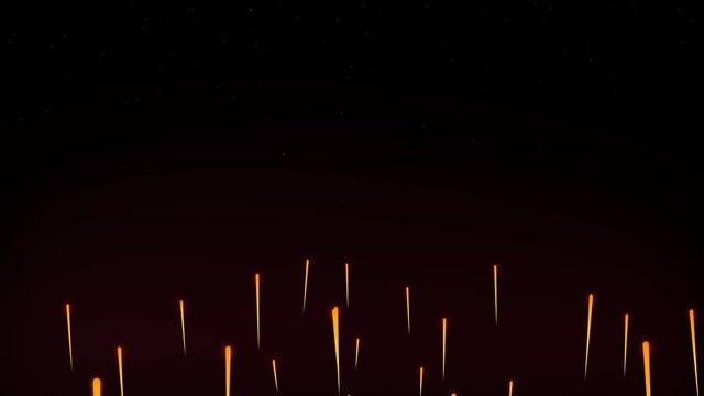 Rain of fire of fireballs or comets raining down setting ground aligh. Abstract animation of fire rain