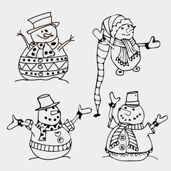 Graphic illustration of New Year snowmen. Postcard. Coloring page. Holidays Celebration. Christmas set of snowmen in different clothes.