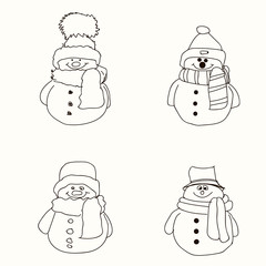 Graphic illustration of New Year snowmen. Postcard. Coloring page. Holidays Celebration. Christmas set of snowmen in different clothes.