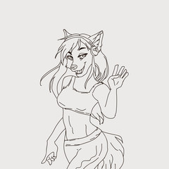 Graphic illustration of a girl wolf. Fox Woman .. Bringing up a coloring page for adults. Linear drawing. Black and white.