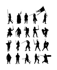 Knights in armor with sword in battle vector silhouette. Medieval fighters duel. Hero keeps castle walls. Armed brave man defends honor of his family and people. Defend country against enemy. Hangman