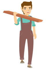 A carpenter holding the wood on the shoulder