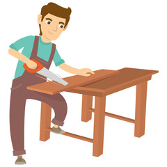 A carpenter sawing the wood on the table