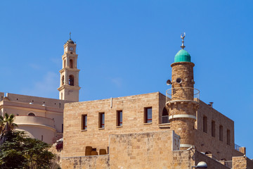 Fototapeta na wymiar St. Peter's Church, Al-Bahr Mosque in Old Jaffa, Israel