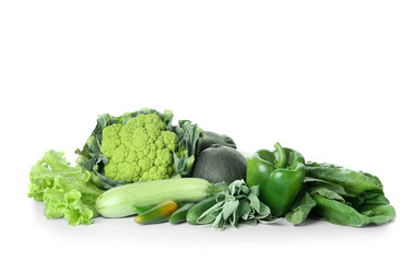 Various fresh vegetables on white background